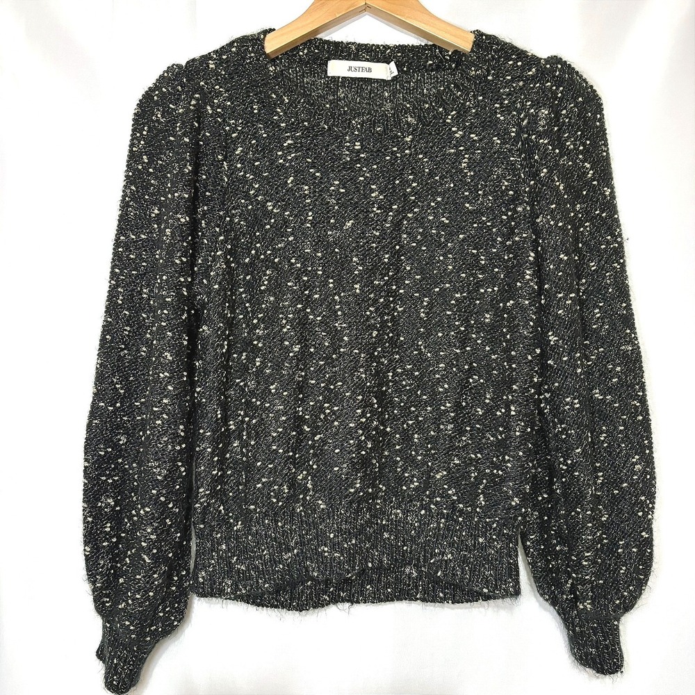JustFab Metallic Black Gold Puff‎ Sleeve Knit Sweater Medium JFAP-S00701
